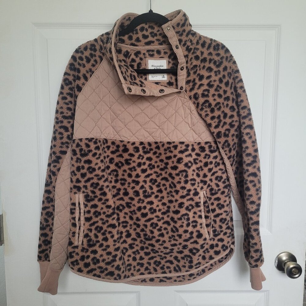 Abercrombie and Fitch Brown Leopard Print Asymmetrical Snap Up Fleece pullover